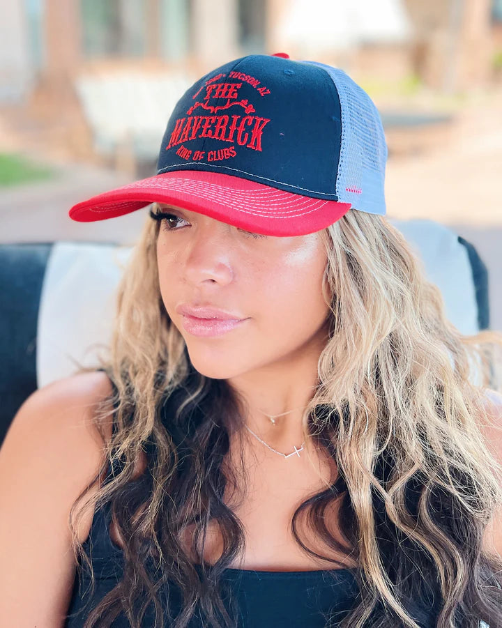 Maverick Embroidered Unisex Trucker Hat - Navy & Red